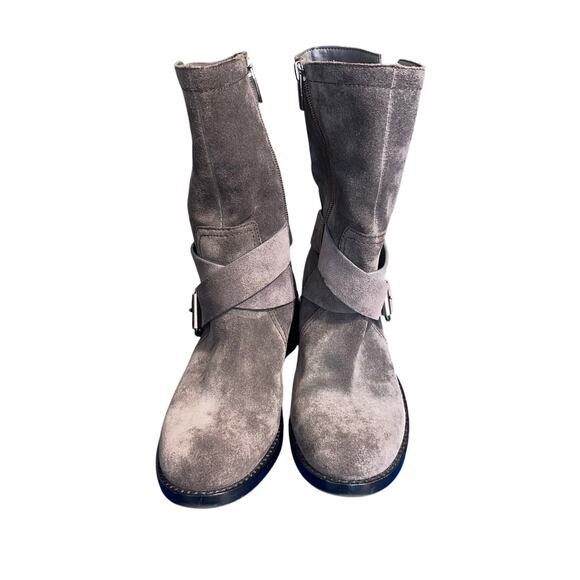 Vince Camuto Suede Moto Biker Boots Women’s 6M Gray Buckle Strap Block Heel - Picture 3 of 10